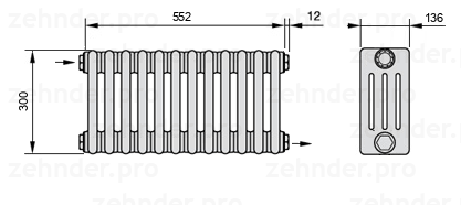 Схема (чертеж) Радиатор Zehnder Charleston 4030/12 №1670 Белый глянцевый RAL 9016